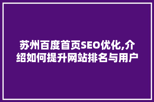 苏州百度首页SEO优化,介绍如何提升网站排名与用户体验