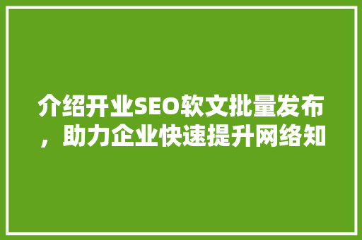 介绍开业SEO软文批量发布，助力企业快速提升网络知名度