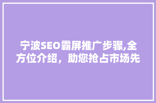 宁波SEO霸屏推广步骤,全方位介绍，助您抢占市场先机
