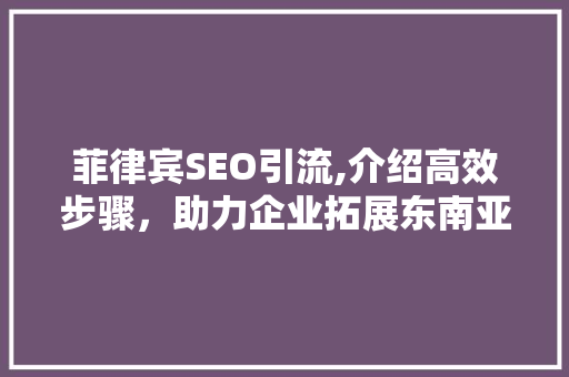 菲律宾SEO引流,介绍高效步骤，助力企业拓展东南亚市场