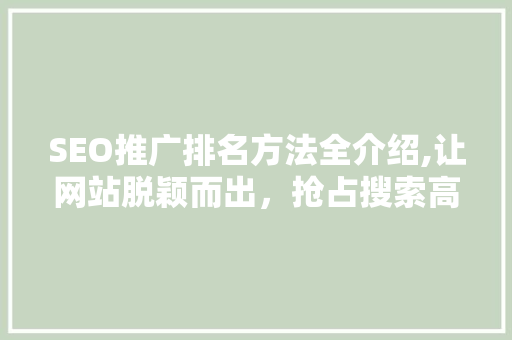 SEO推广排名方法全介绍,让网站脱颖而出，抢占搜索高地