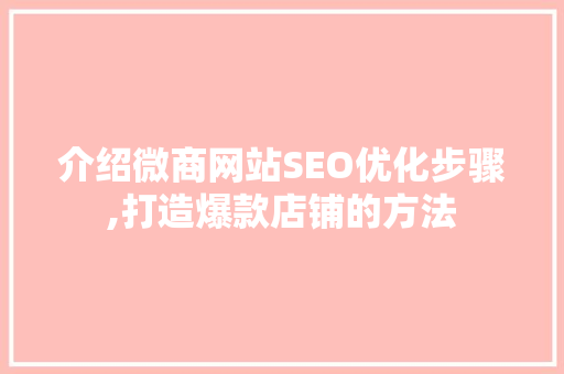 介绍微商网站SEO优化步骤,打造爆款店铺的方法