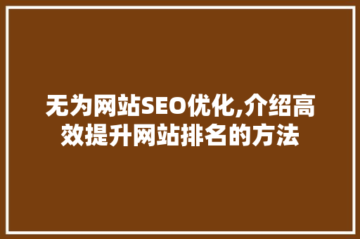 无为网站SEO优化,介绍高效提升网站排名的方法