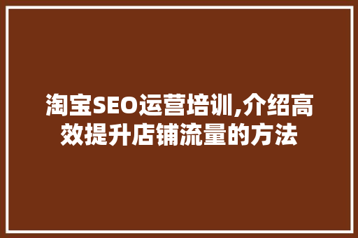 淘宝SEO运营培训,介绍高效提升店铺流量的方法