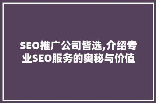 SEO推广公司皆选,介绍专业SEO服务的奥秘与价值
