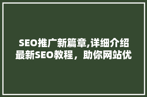 SEO推广新篇章,详细介绍最新SEO教程，助你网站优化一臂之力