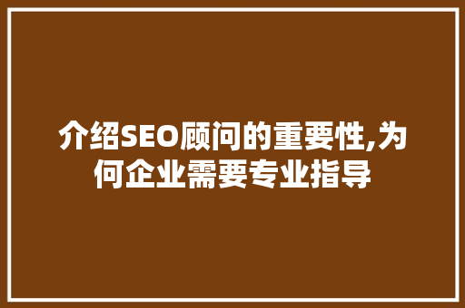 介绍SEO顾问的重要性,为何企业需要专业指导