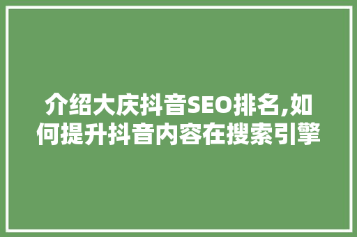 介绍大庆抖音SEO排名,如何提升抖音内容在搜索引擎中的曝光度