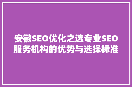 安徽SEO优化之选专业SEO服务机构的优势与选择标准