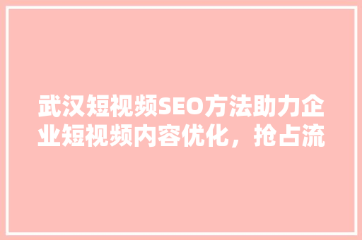 武汉短视频SEO方法助力企业短视频内容优化，抢占流量高地