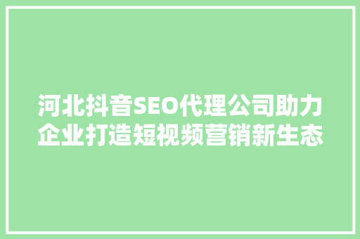 河北抖音SEO代理公司助力企业打造短视频营销新生态