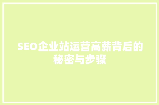 SEO企业站运营高薪背后的秘密与步骤