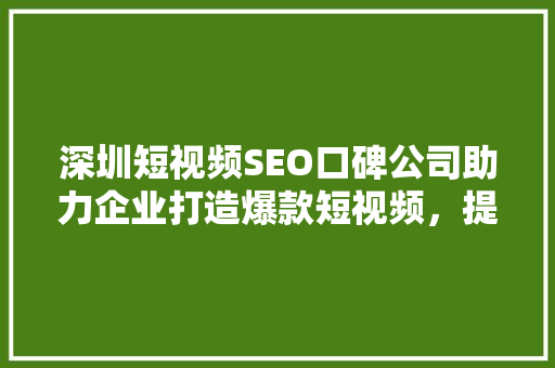 深圳短视频SEO口碑公司助力企业打造爆款短视频，提升品牌影响力