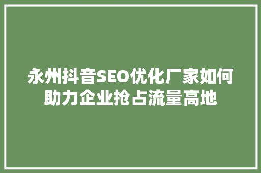 永州抖音SEO优化厂家如何助力企业抢占流量高地