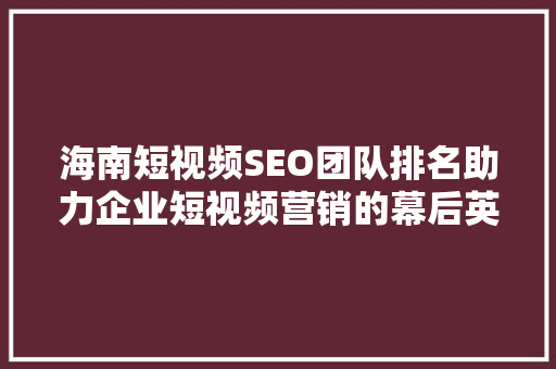 海南短视频SEO团队排名助力企业短视频营销的幕后英雄