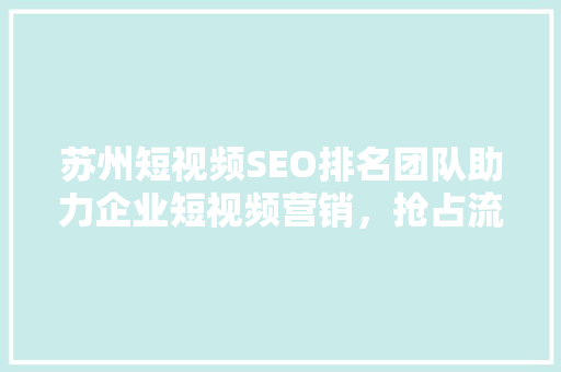 苏州短视频SEO排名团队助力企业短视频营销，抢占流量高地