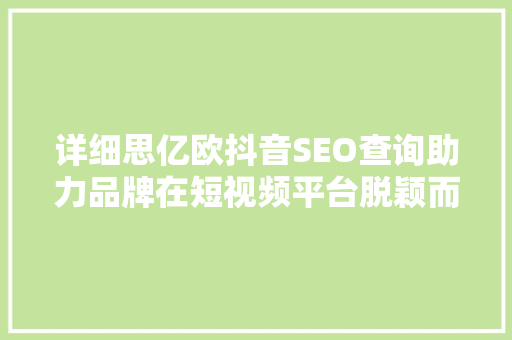 详细思亿欧抖音SEO查询助力品牌在短视频平台脱颖而出