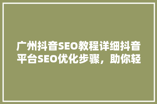 广州抖音SEO教程详细抖音平台SEO优化步骤，助你轻松获得百万流量