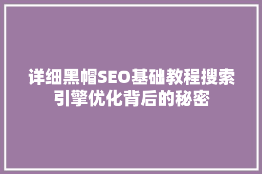 详细黑帽SEO基础教程搜索引擎优化背后的秘密