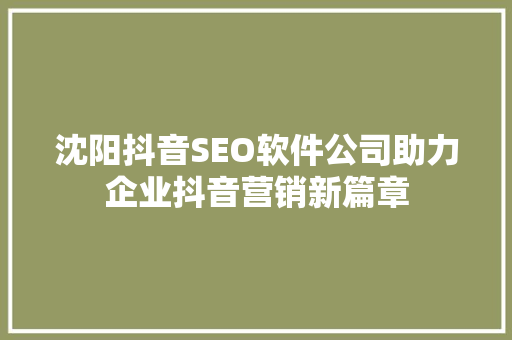沈阳抖音SEO软件公司助力企业抖音营销新篇章