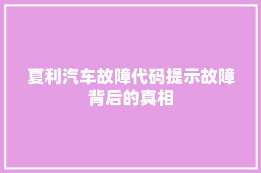 夏利汽车故障代码提示故障背后的真相