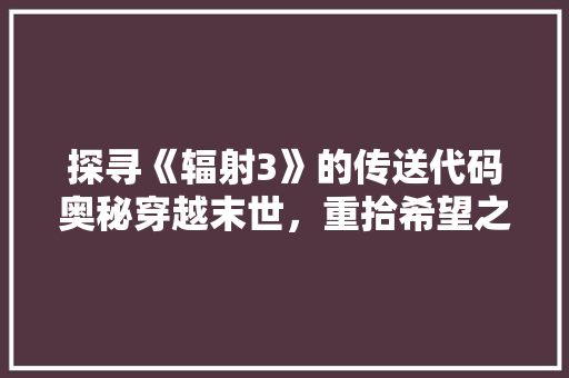 探寻《辐射3》的传送代码奥秘穿越末世，重拾希望之光